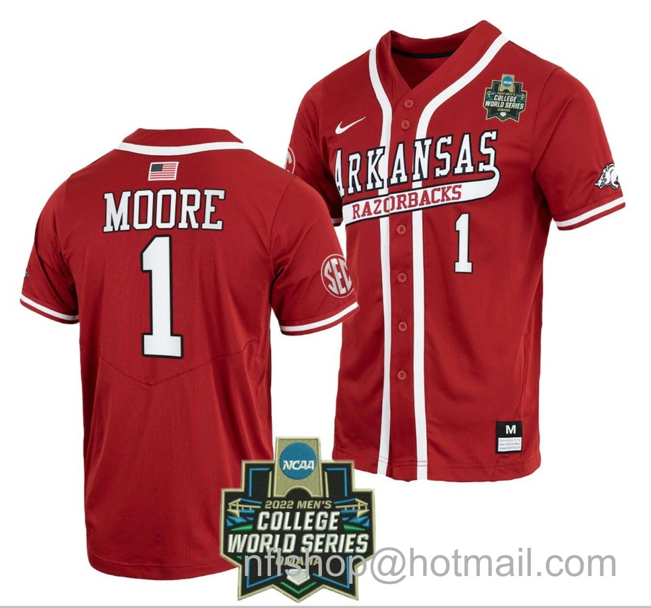 Men's Nike Robert Moore Jersey Arkansas Razorbacks Baseball NCAA 2022 College World Series Cardinal #1