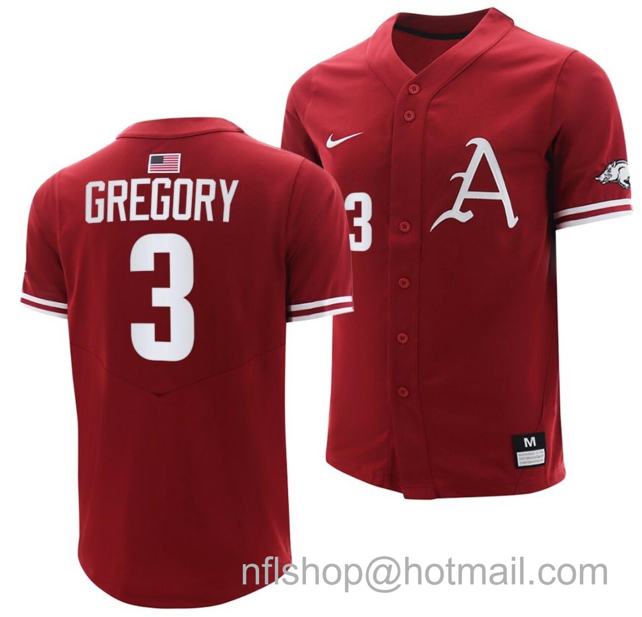 Men's Nike Zack Gregory Jersey Arkansas Razorbacks College Baseball Cardinal #3