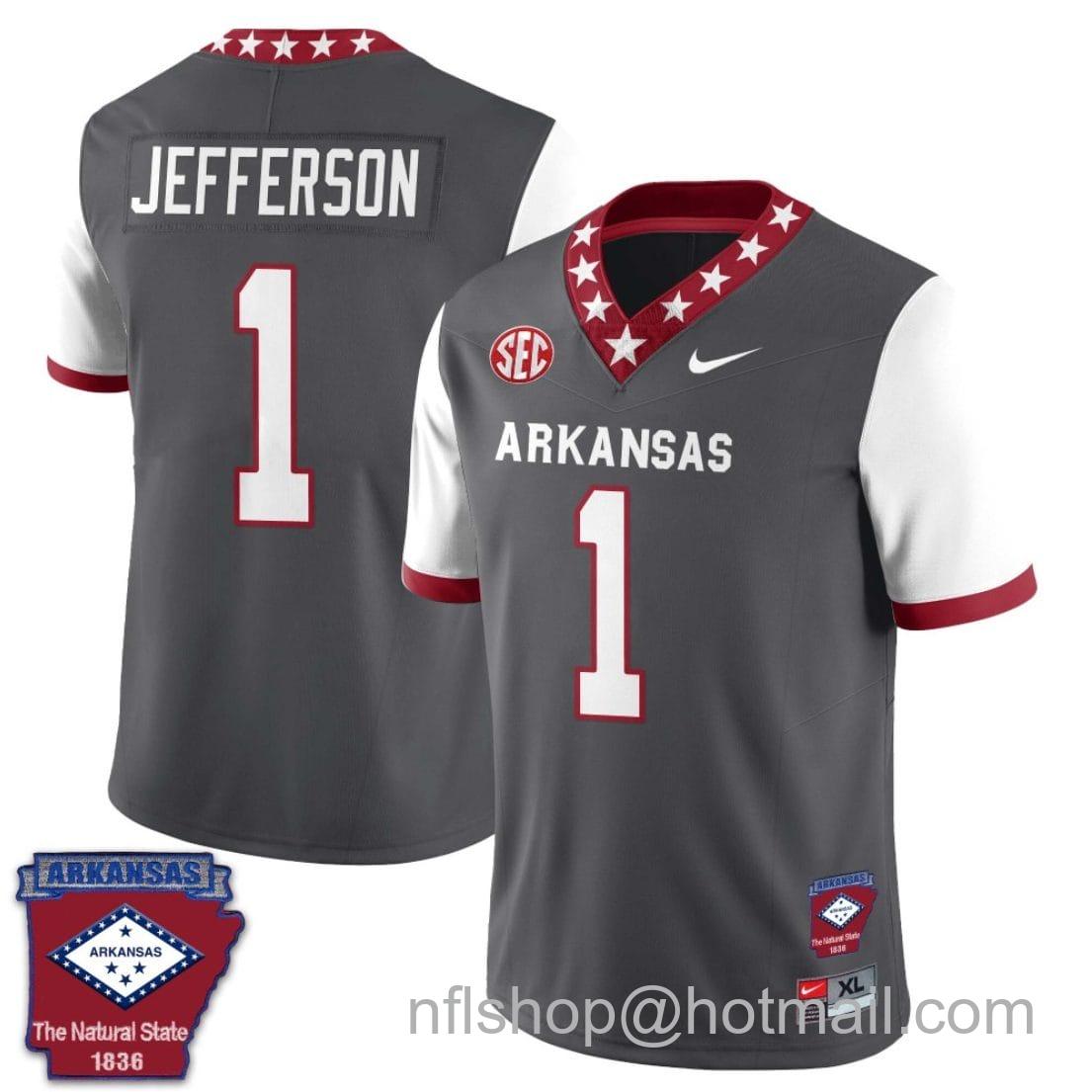 Men's Nike KJ Jefferson Jersey #1 Arkansas Razorback Football Arkansas State Patched All Stitched White Sleeves