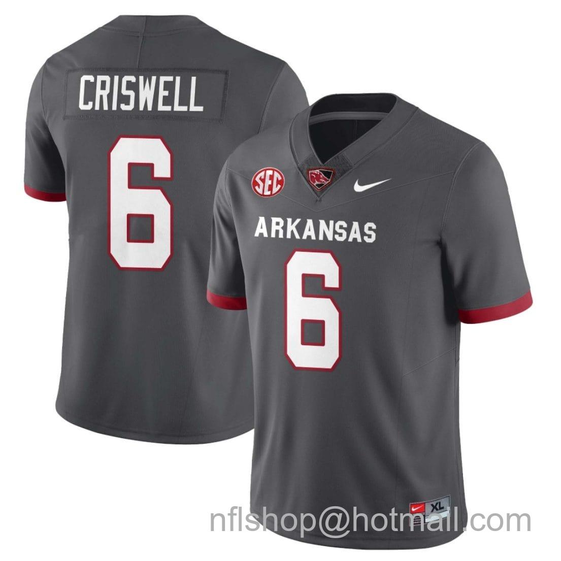 Men's Nike Jacolby Criswell Jersey #6 Arkansas Razorback Football All Stitched Gray