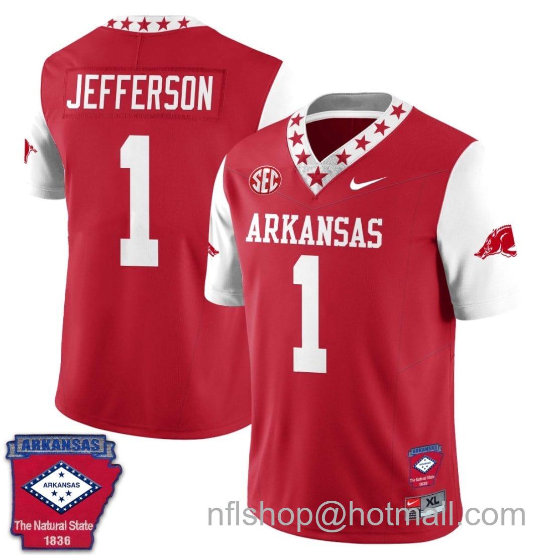 Men's Nike KJ Jefferson Jersey #1 Arkansas Razorback Football Arkansas Patched All Stitched White Sleeves