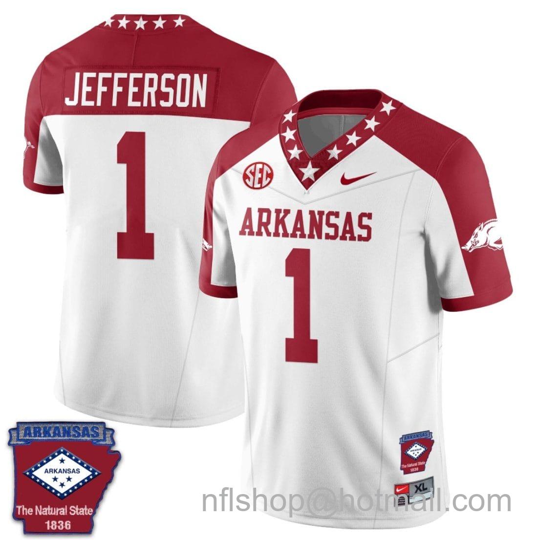 Men's Nike KJ Jefferson Jersey #1 Arkansas Razorback Football Arkansas Patched All Stitched White Alternate