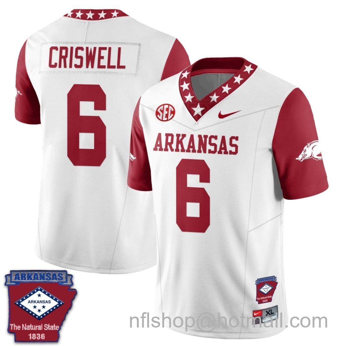 Men's Nike Jacolby Criswell Jersey #6 Arkansas Razorback Football Arkansas State Patch Red Sleeves