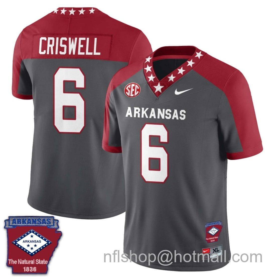 Men's Nike Jacolby Criswell Jersey #6 Arkansas Razorback Football Arkansas Patch Red Alternate