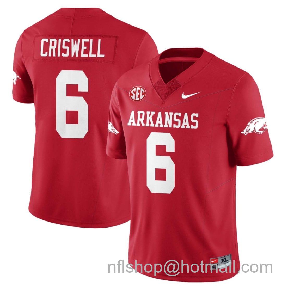 Men's Nike Jacolby Criswell Jersey #6 Arkansas Razorback Football All Stitched Red