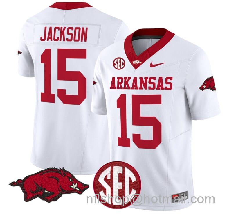 Men's Nike KJ Jackson Jersey #15 Arkansas Razorbacks Vapor Limited College Football Stitched White