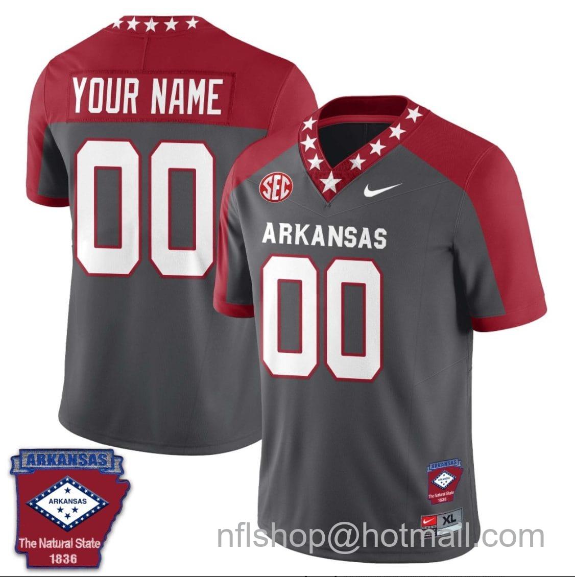 Men's Nike Custom Arkansas Razorback Jersey Name and Number Football The Natural State Patch Gray Alternate Red