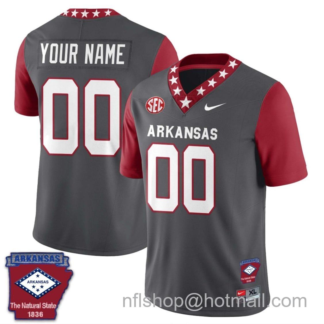 Men's Nike Custom Arkansas Razorback Jersey Name and Number Football The Natural State Patch Gray Sleeves Red