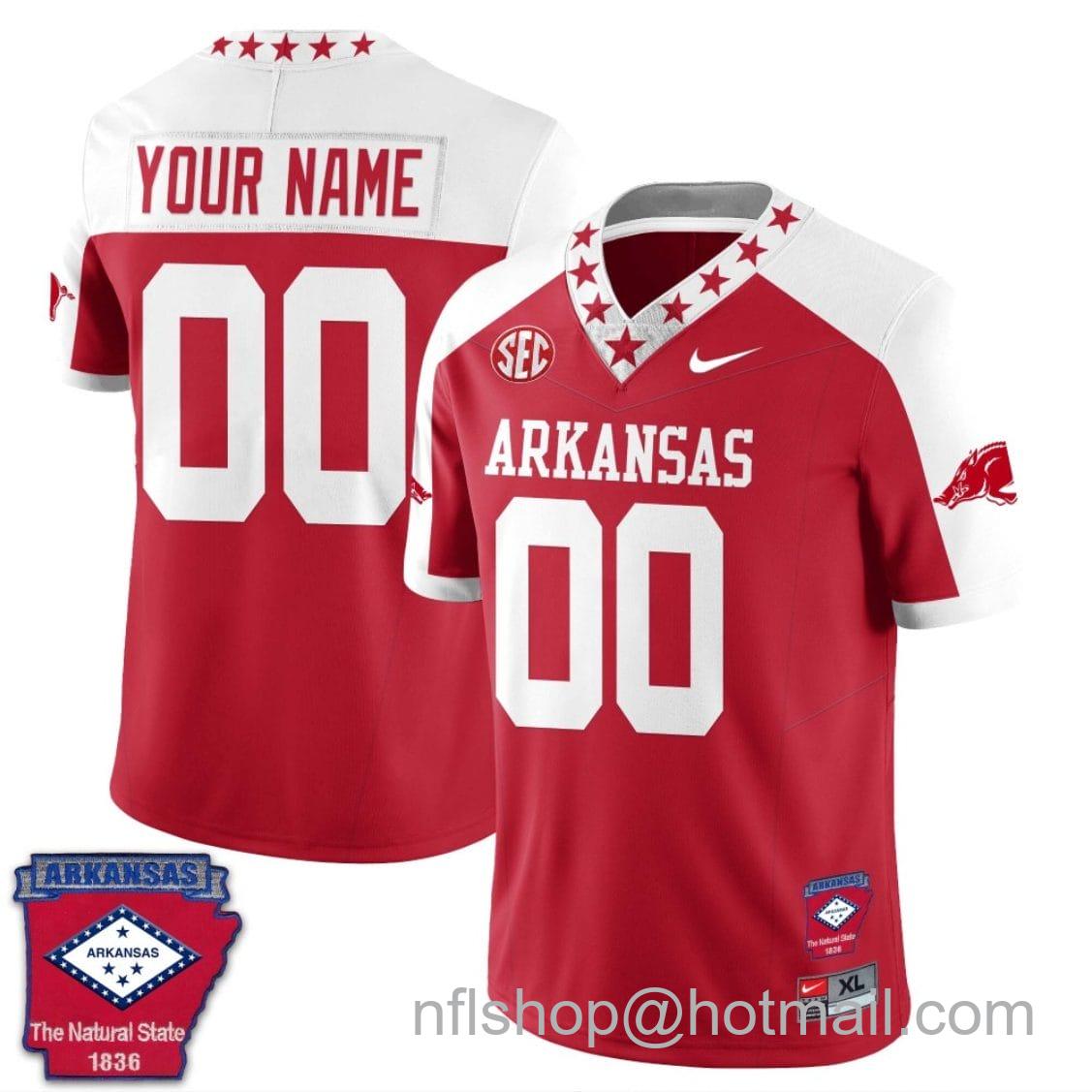 Men's Nike Custom Arkansas Razorback Jersey Name and Number Football The Natural State Patch Red Alternate