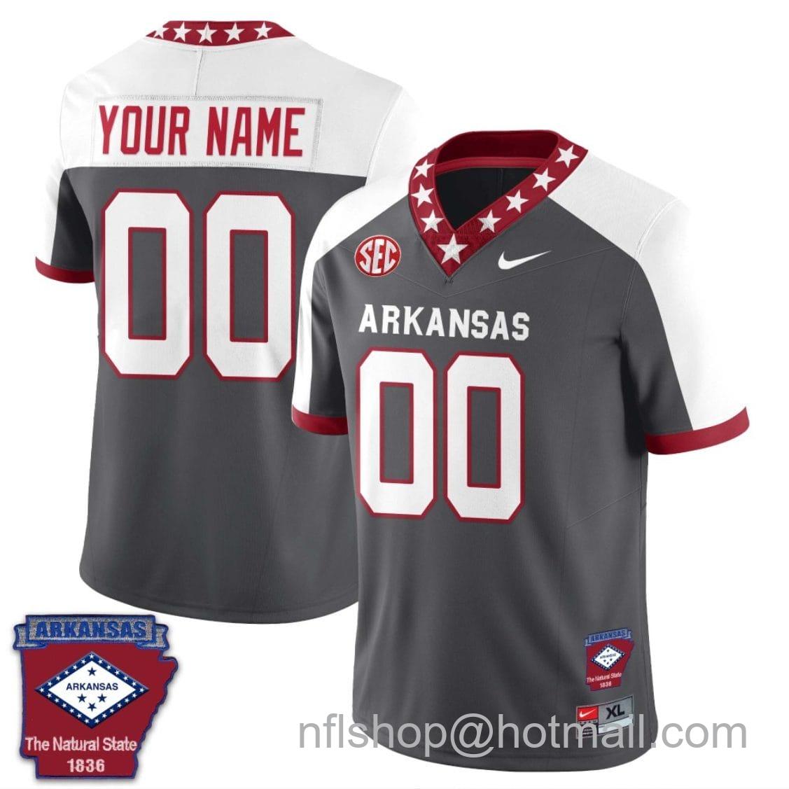 Men's Nike Custom Arkansas Razorback Jersey Name and Number Football The Natural State Patch Gray Alternate White