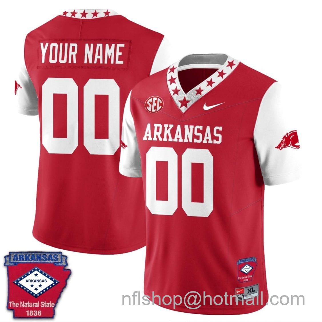 Men's Nike Custom Arkansas Razorback Jersey Name and Number Football The Natural State Patch White Sleeves