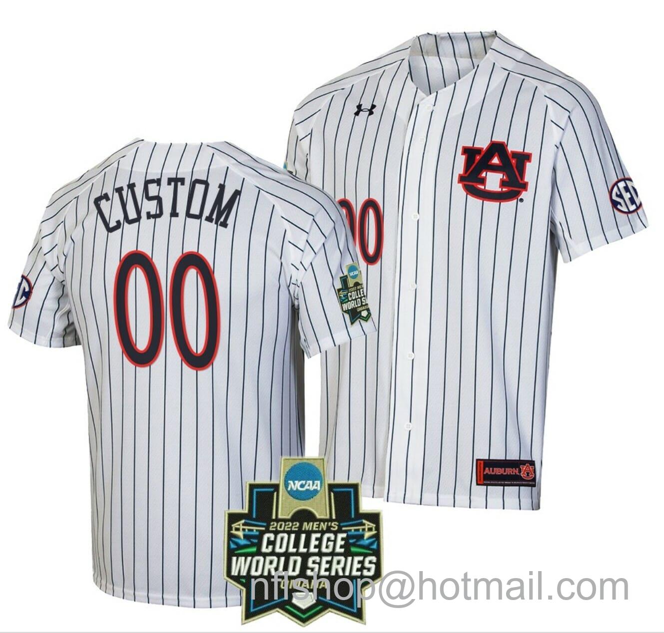 Men's Under Armour Custom Auburn Tigers Baseball Jersey Name and Number NCAA 2022 College World Series Stripe White