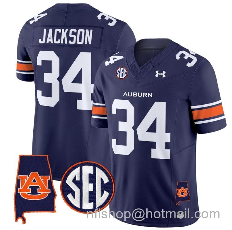 Men's Under Armour Bo Jackson Jersey #34 Auburn Tigers SEC Patch Vapor Limited College Football Stitched Navy