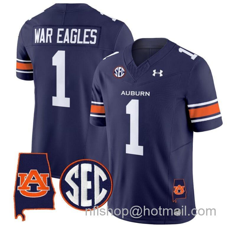 Men's Under Armour War Eagles Jersey #1 Auburn Tigers SEC Patch Vapor Limited College Football Stitched Navy