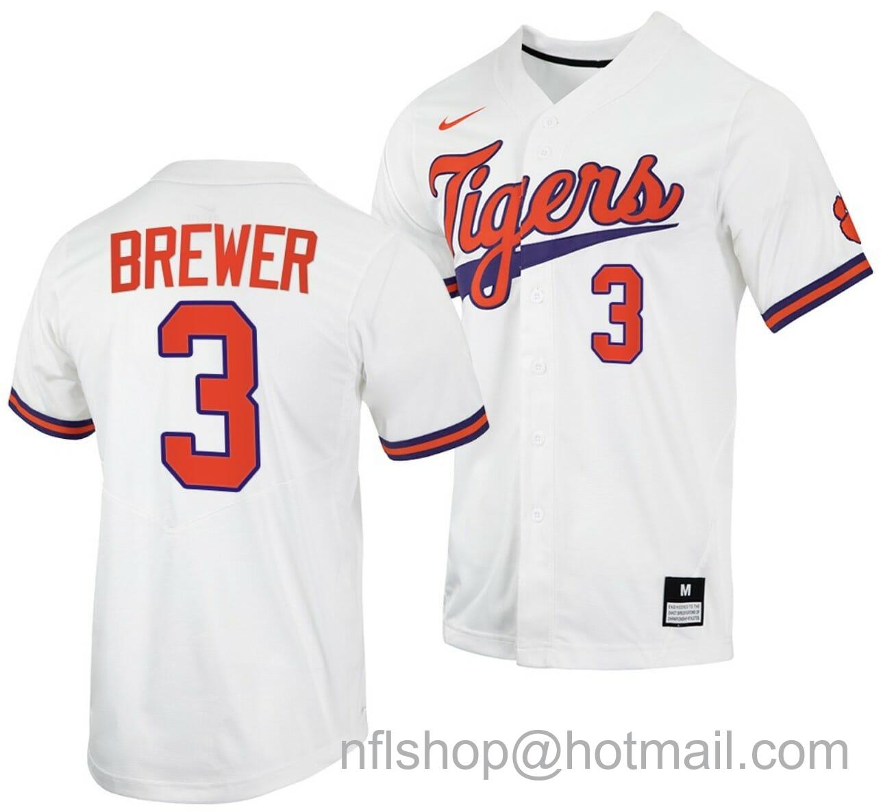 Men's Nike Dylan Brewer Jersey Clemson Tigers College Baseball White #3