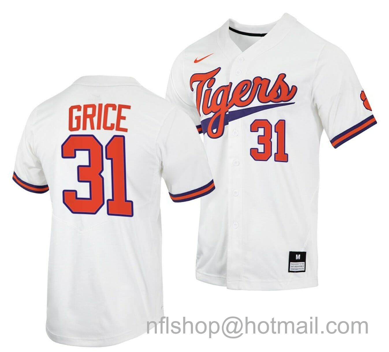 Men's Nike Caden Grice Jersey Clemson Tigers College Baseball White #31