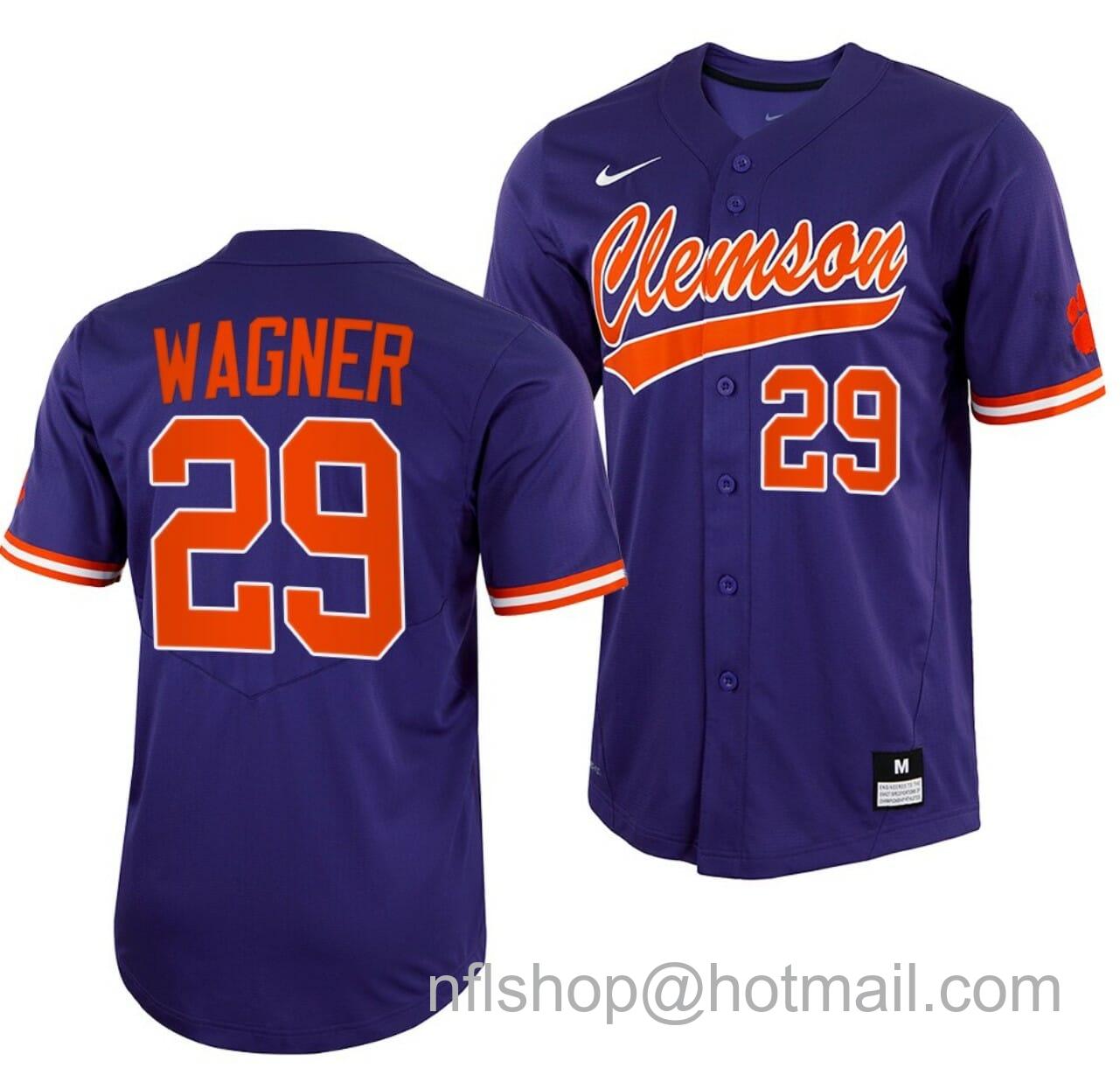 Men's Nike Max Wagner Jersey Clemson Tigers College Baseball Purple Full-Button #29