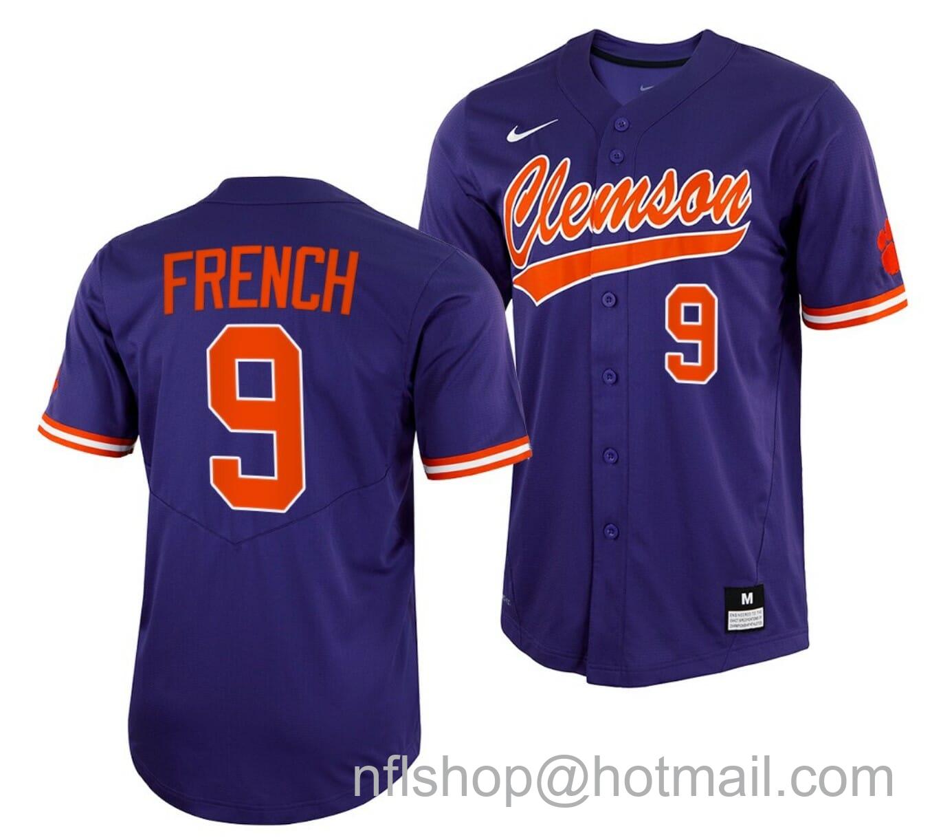 Men's Nike Jonathan French Jersey Clemson Tigers College Baseball Purple Full-Button #9