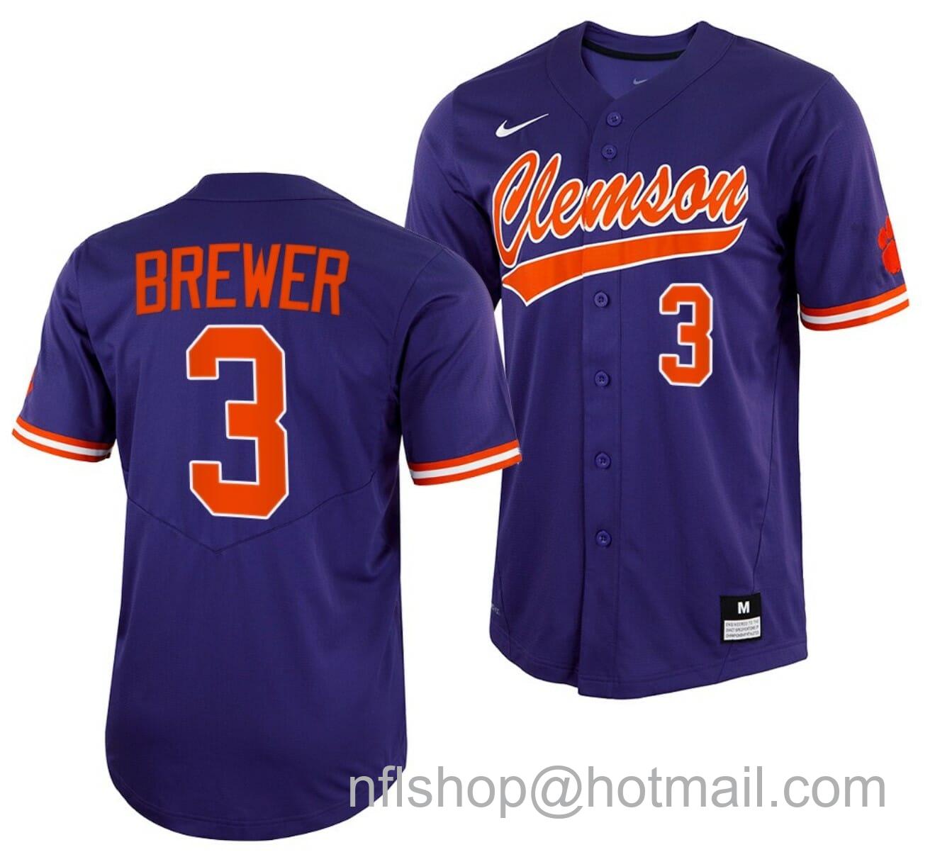 Men's Nike Dylan Brewer Jersey Clemson Tigers Baseball NCAA College Full-Button Purple #3