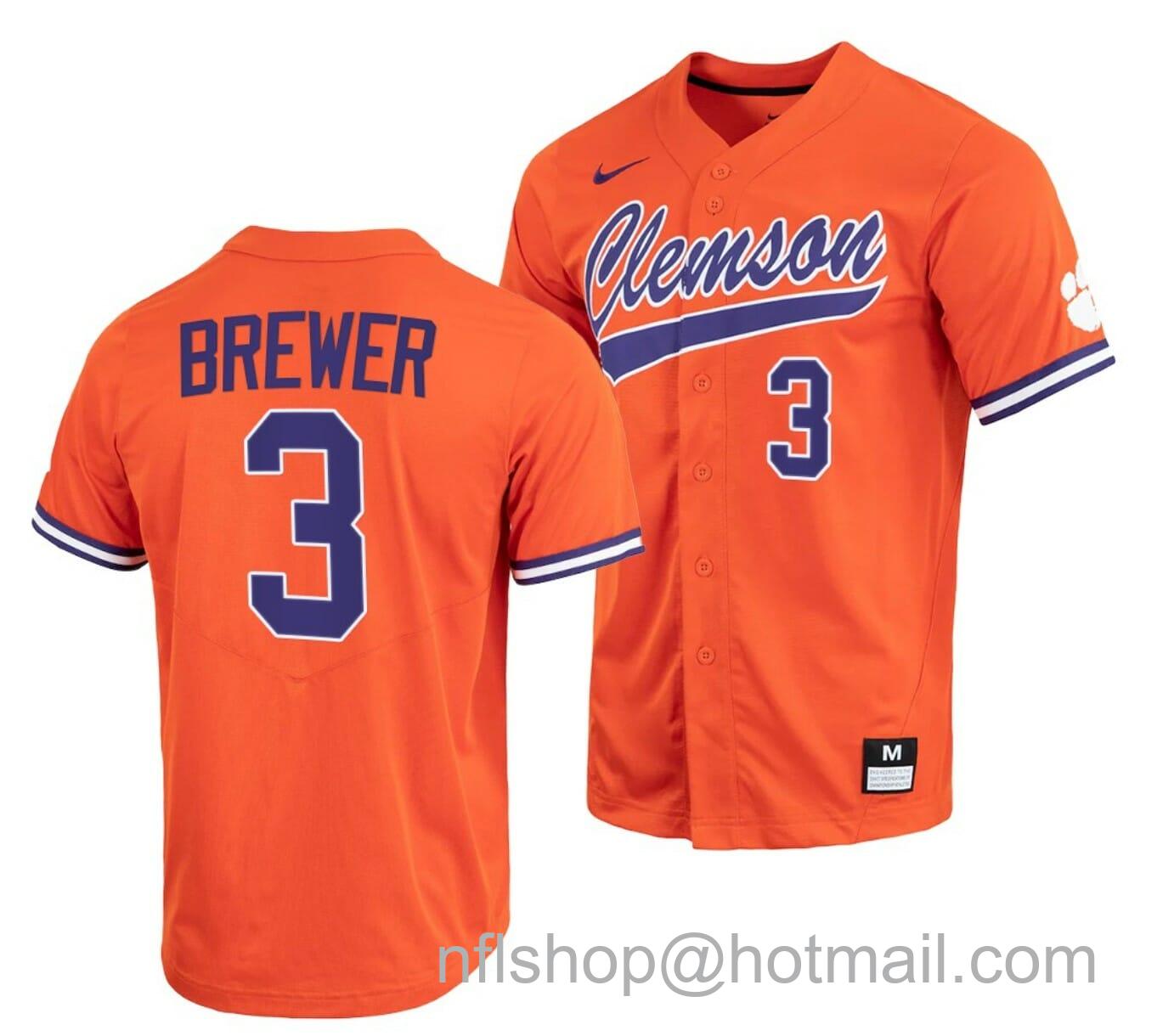 Men's Nike Dylan Brewer Jersey Clemson Tigers Baseball NCAA College Full-Button Orange #3