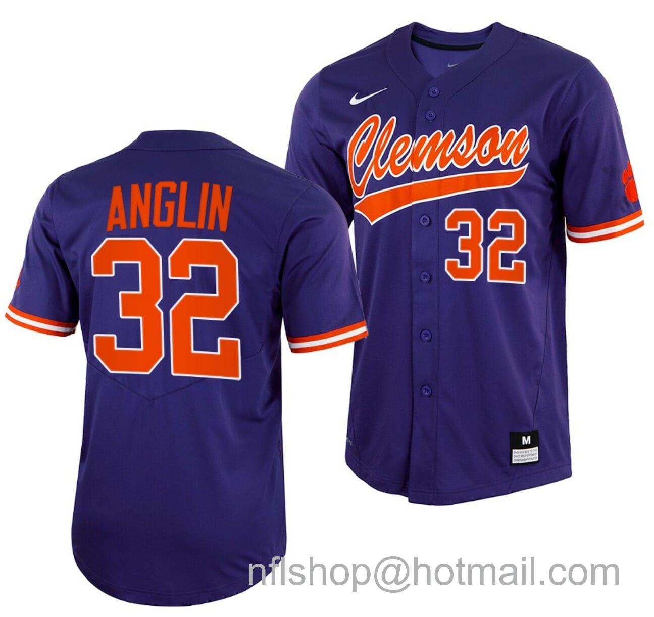 Men's Nike Mack Anglin Jersey Clemson Tigers College Baseball Purple Full-Button #32