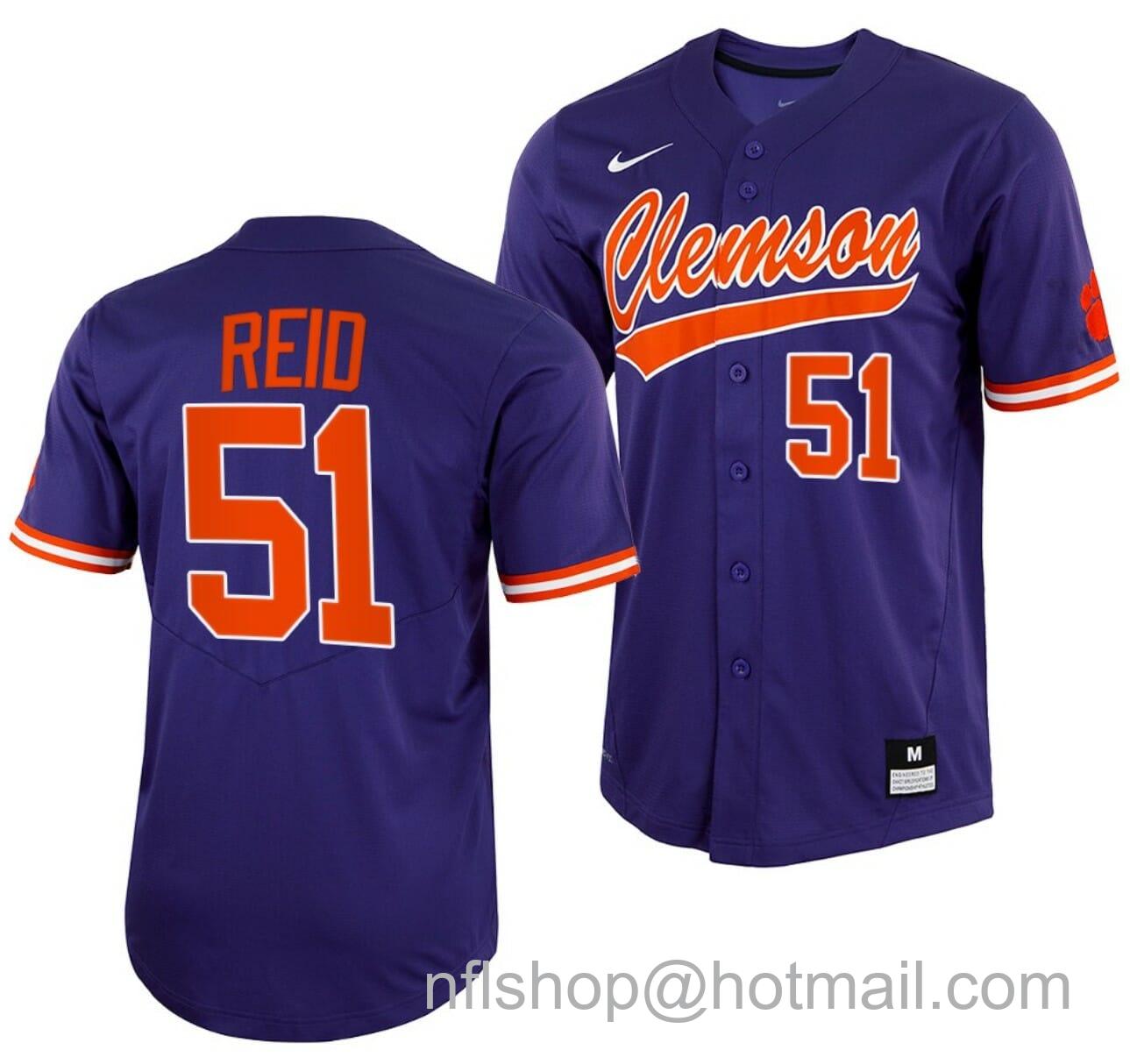 Men's Nike Rocco Reid Jersey Clemson Tigers College Baseball Purple Full-Button #51