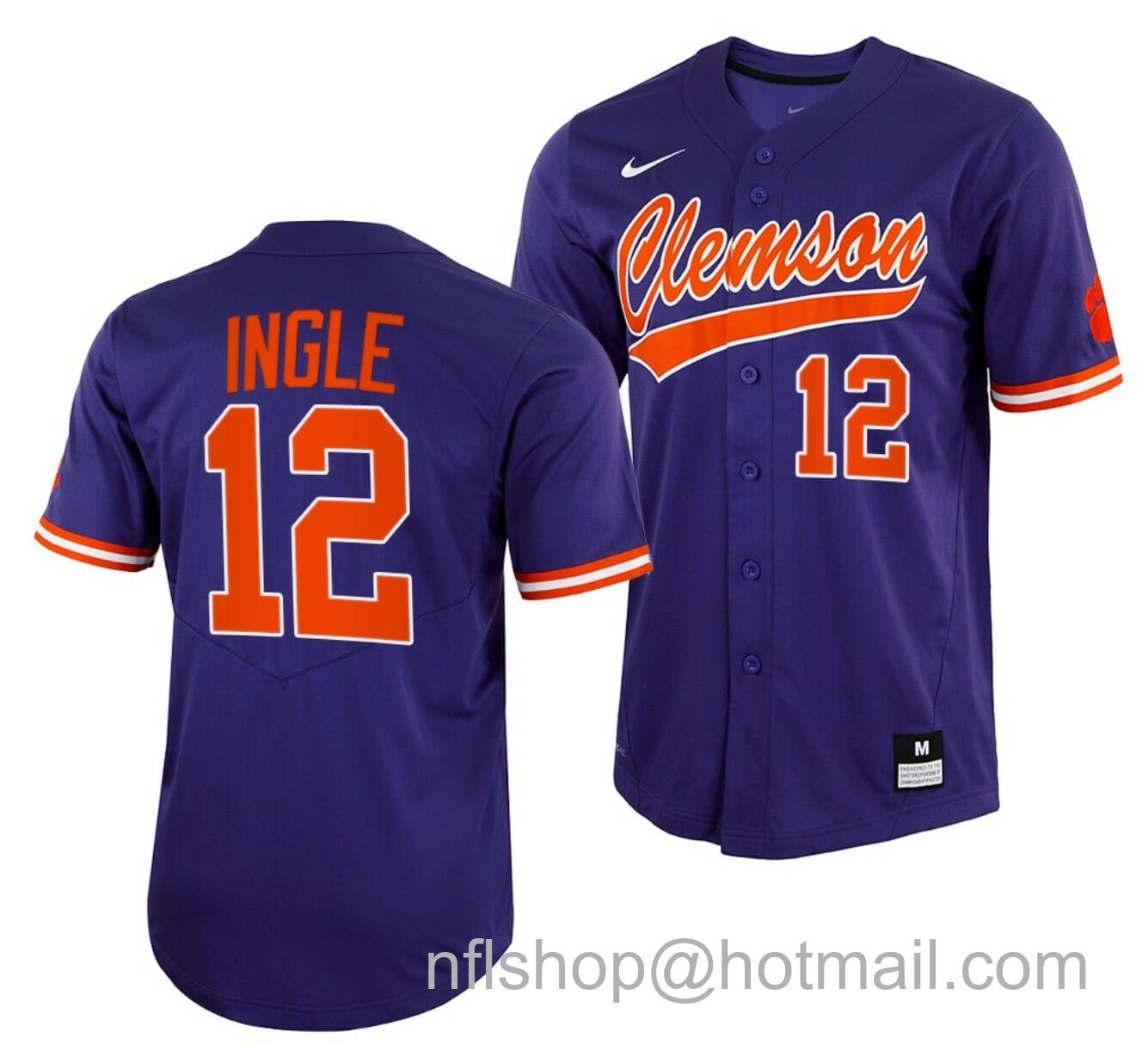 Men's Nike Cooper Ingle Jersey Clemson Tigers College Baseball Purple Full-Button #12