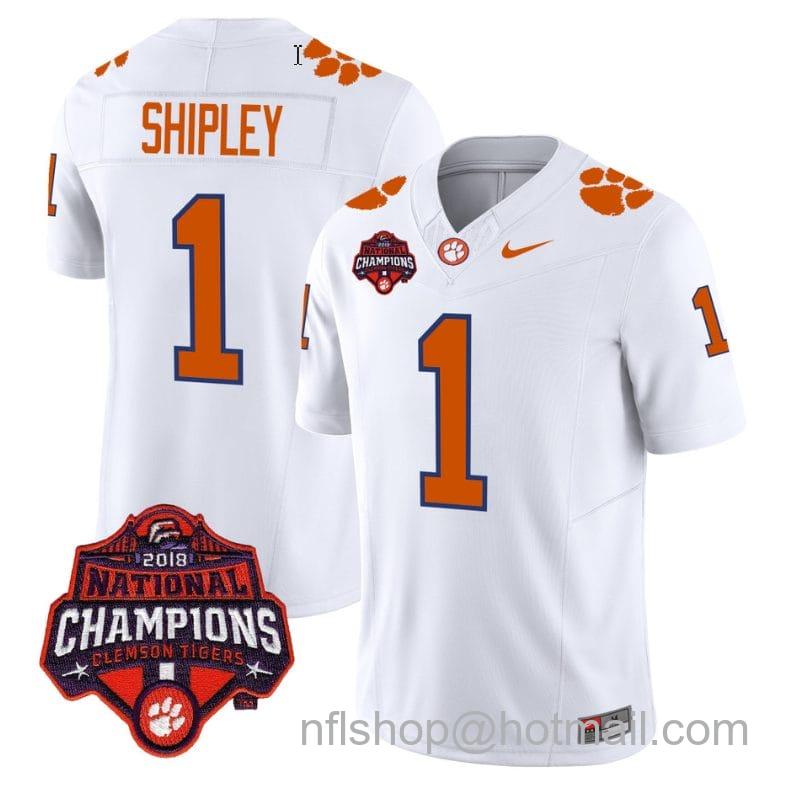 Men's Nike Will Shipley Jersey #1 Clemson Tigers Vapor Limited Champions Patch College Football Stitched White