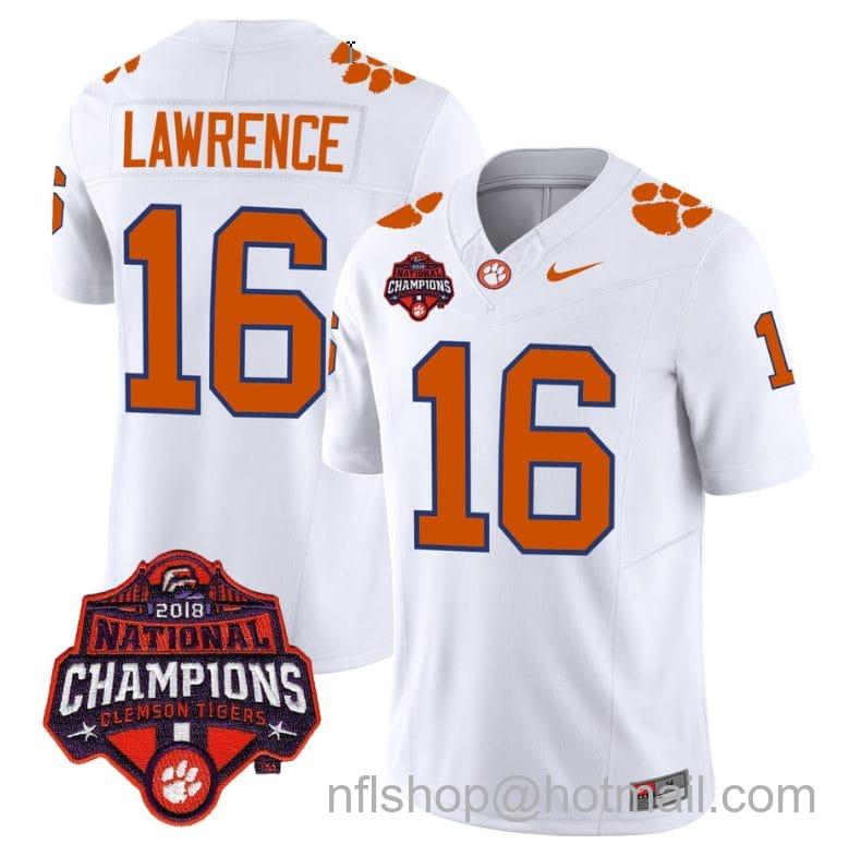 Men's Nike Trevor Lawrence Jersey #16 Clemson Tigers Vapor Limited Champions Patch College Football Stitched White