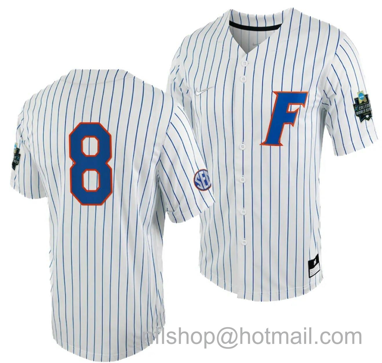 Men's Nike Brandon Sproat Jersey Florida Gators #8 White Royal 2023 College World Series NCAA Baseball