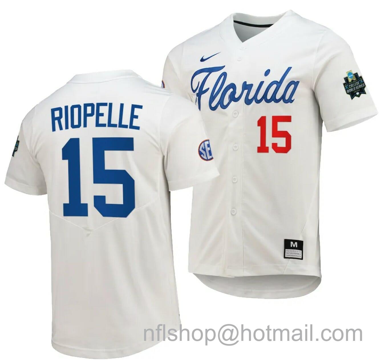 Men's Nike BT Riopelle Jersey Florida Gators 2023 College World Series White #15 Replica NCAA Baseball