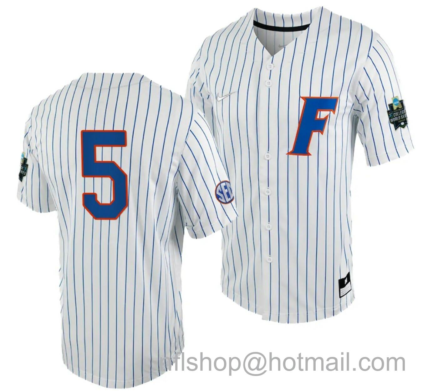 Men's Nike Colby Halter Jersey Florida Gators #5 White Royal 2023 College World Series NCAA Baseball