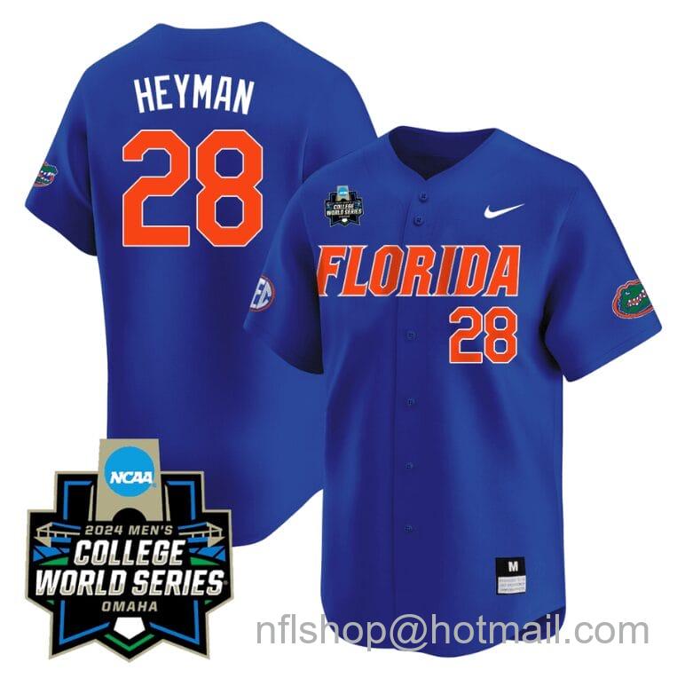 Men's Nike Luke Heyman Jersey #28 Florida Gators 2024 College World Series Vapor Premier Limited NCAA Baseball Stitched Florida Blue