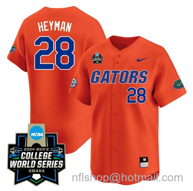 Men's Nike Luke Heyman Jersey #28 Florida Gators 2024 College World Series Vapor Premier Limited NCAA Baseball Stitched Gators Orange