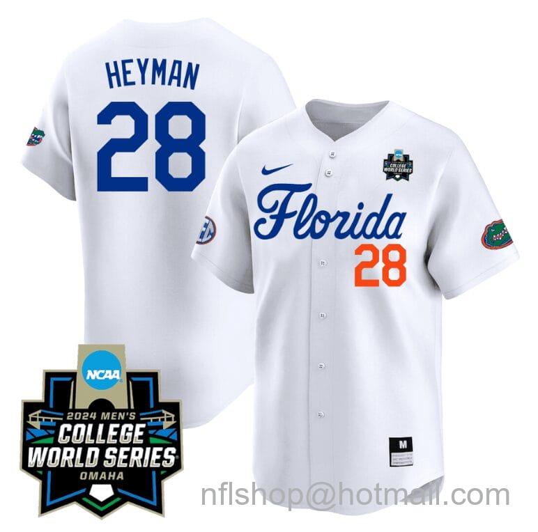 Men's Nike Luke Heyman Jersey #28 Florida Gators 2024 College World Series Vapor Premier Limited NCAA Baseball Stitched Florida White