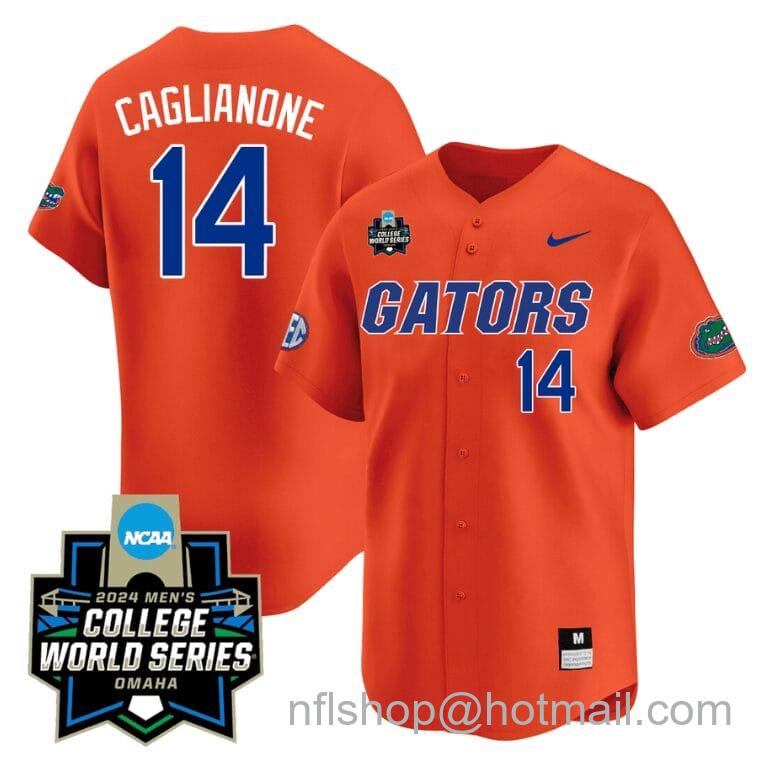 Men's Nike Jac Caglianone Jersey #14 Florida Gators 2024 College World Series Vapor Premier Limited NCAA Baseball Stitched Gators Orange