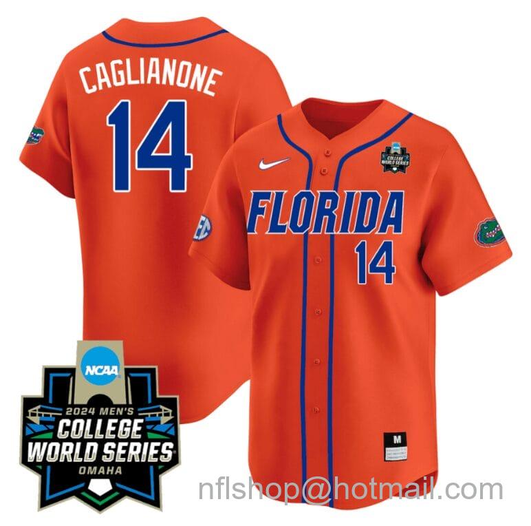 Men's Nike Jac Caglianone Jersey #14 Florida Gators 2024 College World Series Vapor Premier Limited NCAA Baseball Stitched Florida Orange