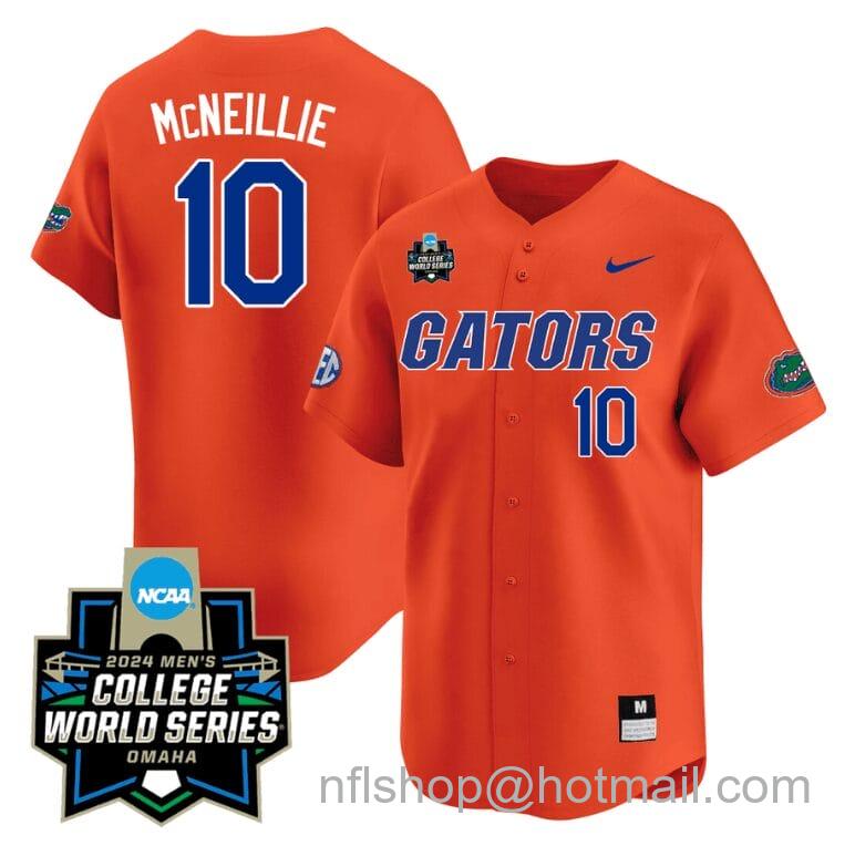 Men's Nike Luke Mcneillie Jersey #10 Florida Gators 2024 College World Series Vapor Premier Limited NCAA Baseball Stitched Gators Orange