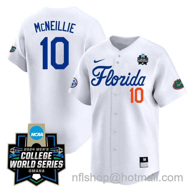 Men's Nike Luke Mcneillie Jersey #10 Florida Gators 2024 College World Series Vapor Premier Limited NCAA Baseball Stitched Florida White