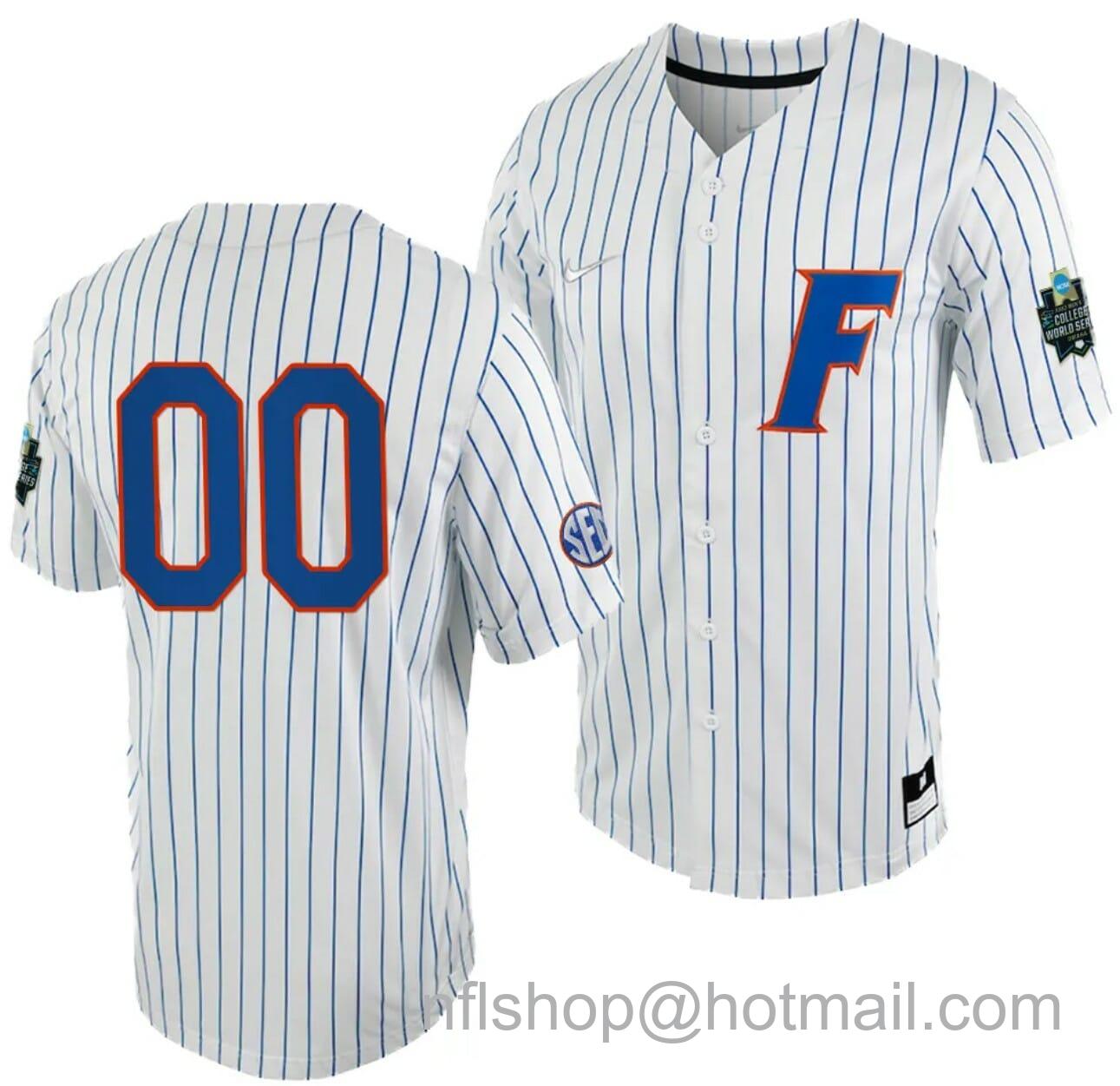 Men's Nike Custom Florida Gators Jersey Name and Number 2023 College World Series White Royal #00 Full-Button NCAA Baseball