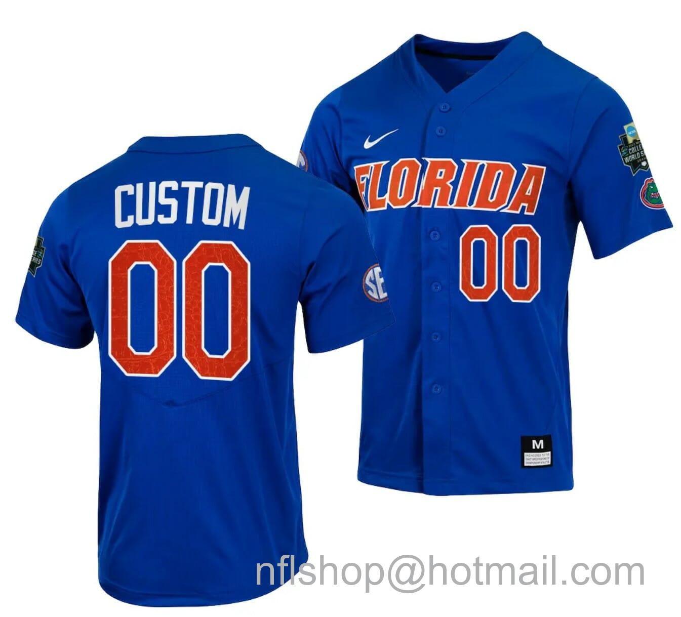 Men's Nike Custom Florida Gators Jersey Name and Number 2023 College World Series Royal #0 NCAA Baseball