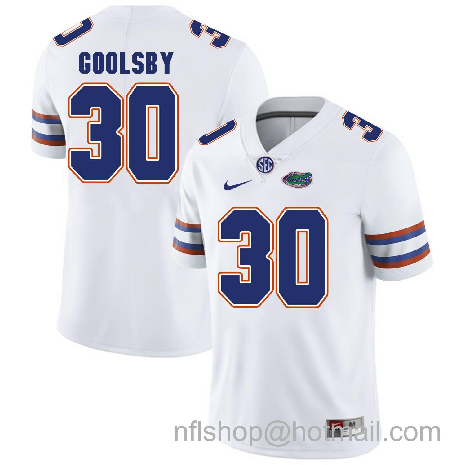 Men's Nike Florida Gators #30 DeAndre Goolsby NCAA Football Jersey White Logo Patch