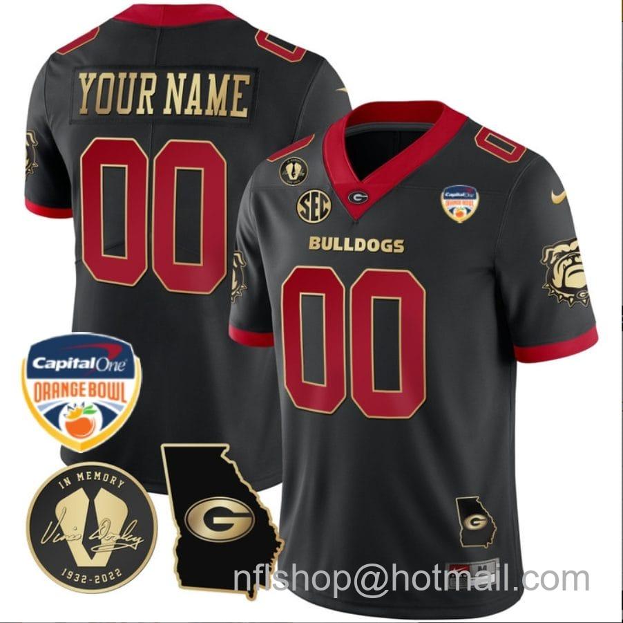 Men's Nike Custom Georgia Bulldogs Jersey Name and Number Orange Bowl Patch Football Black Gold Trim