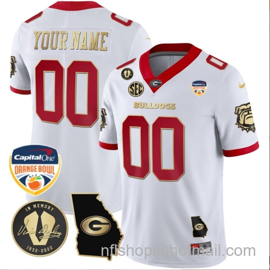 Men's Nike Custom Georgia Bulldogs Jersey Name and Number Orange Bowl Patch Football White Gold Trim