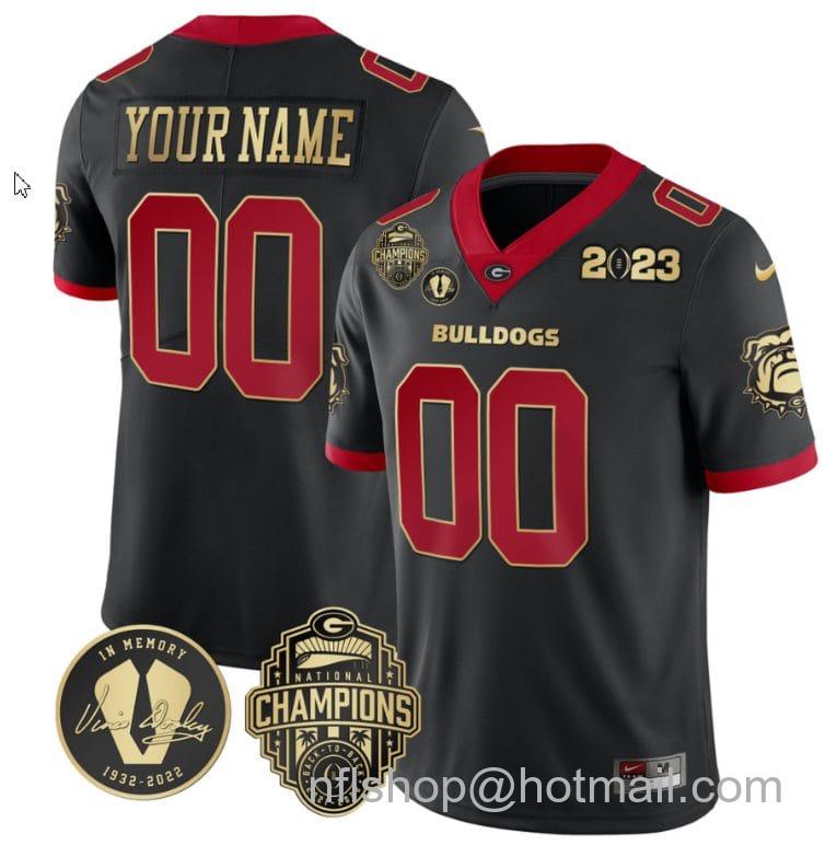 Men's Nike Custom Georgia Bulldogs Jersey Name and Number Football 2023 Back To Back Champions Vince Dooley Patch Black Gold Trim