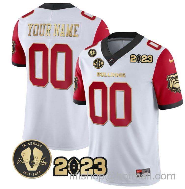 Men's Nike Custom Georgia Bulldogs Jersey Name and Number Football 2023 Vince Dooley Patch Gold Color White