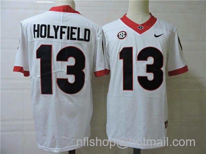 Men's Nike Georgia Bulldogs #13 Holyfield College Football Jersey White