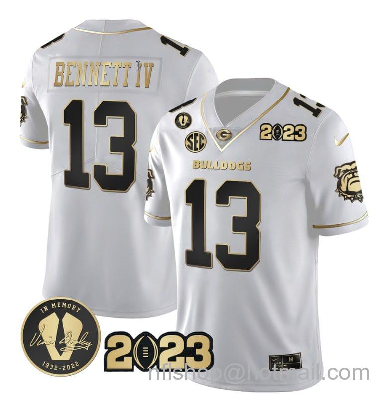 Men's Nike Stetson Bennett Jersey #13 Georgia Bulldogs Football White Gold All Stitched