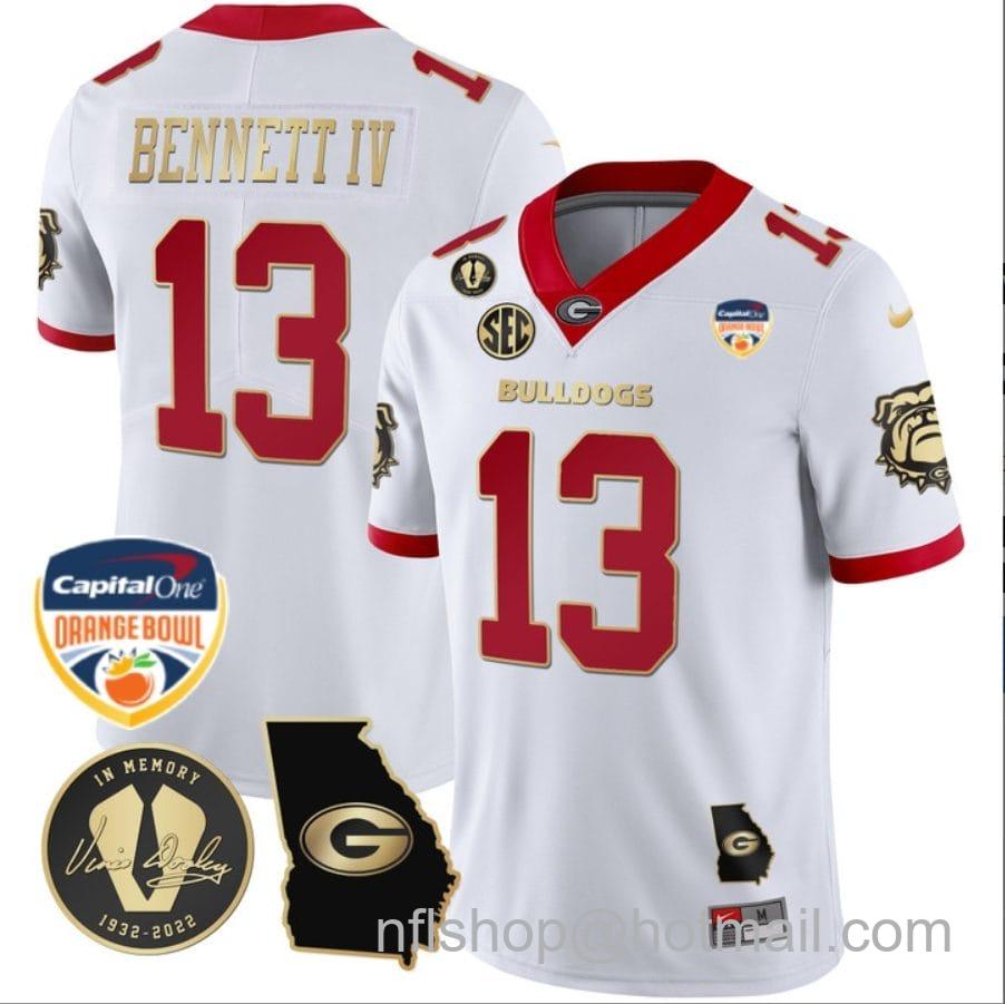 Men's Nike Stetson Bennett Jersey #13 Georgia Bulldogs Vapor Limited Orange Bowl Patch White Gold Trim