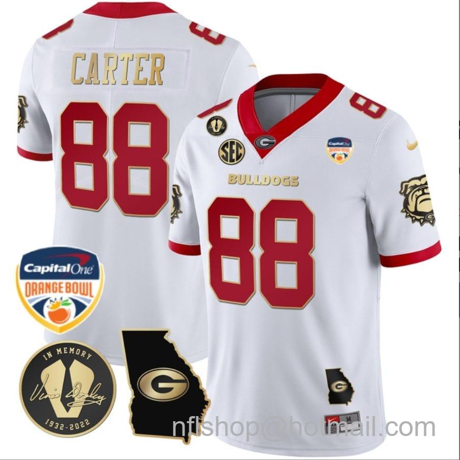 Men's Nike Jalen Carter Jersey #88 Georgia Bulldogs Vapor Limited Orange Bowl Patch White Gold Trim